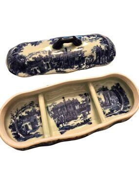 Iron Works Vintage Blue & White Ceramic Butter Dish Condiment Holder JH8024